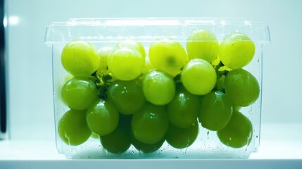 Fresh Shine Muscat grapes, green color, transparent plastic container, glossy skin, natural shine, water droplets, extreme close-up, trendy healthy snack, premium fruits, street food market, Korean