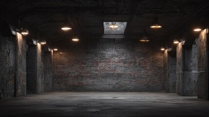 Industrial interior space with brick walls and exposed concrete columns.
