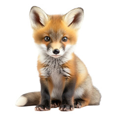 Red fox cub sitting calmly in a studio setting, showcasing its fluffy coat and inquisitive expression
