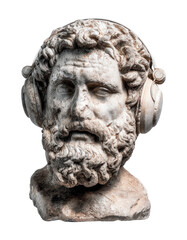 A Greek-style stone bust of a person wearing headphones isolated