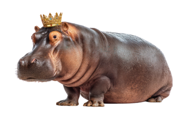 A large hippopotamus king wearing a crown isolated