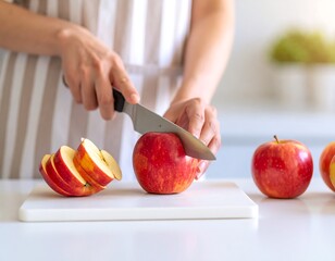 Woman slicing red apples on a white cutting board