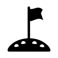 Silhouette of Flag on Moon or Planet Icon, Black silhouette of a flag planted on a cratered surface, symbolizing space exploration, achievement, or planetary conquest.
