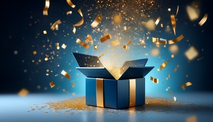 open blue gift box with light and gold confetti spilling out confetti celebration