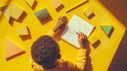 Smart african american student drawing geometric shapes on a white sheet of paper placed on a yellow desk, surrounded by colorful wooden blocks, enjoying his back to school activities