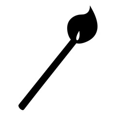 Silhouette of a single burning matchstick with a bright flame against white