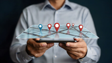 Dynamic navigation concept with digital map and location pins displayed on smartphone, guiding business strategy and travel planning.