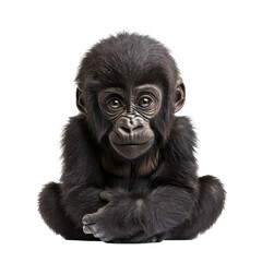 Obraz premium Gorilla baby sitting quietly with a calm expression, displaying curious eyes and soft fur in a studio setting