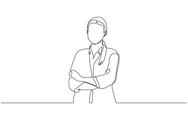One continuous line drawing female doctor with stethoscope, One line art of health care concept. Editable outline