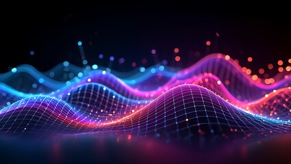 Vibrant neon sound waves pulsating with digital data and light