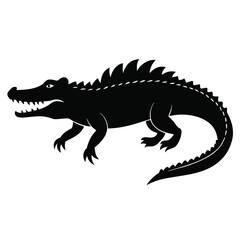 A striking black silhouette of a crocodile presented as a clean graphic element isolated on white background
