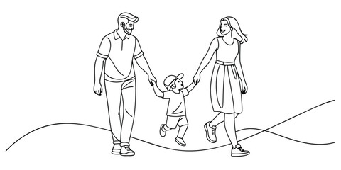 Black and white continuous line art illustration of a family walking together holding hands with a child running