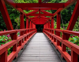 Red wooden bridge through a lush garden