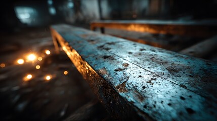 Close-up of a weathered wooden beam in a dark industrial setting.