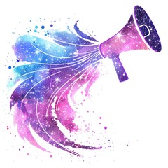 Vibrant, abstract megaphone with cosmic watercolor splashes