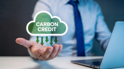 Expert business professional showcases innovative carbon credit concept, driving sustainable growth and environmental responsibility for future success.
