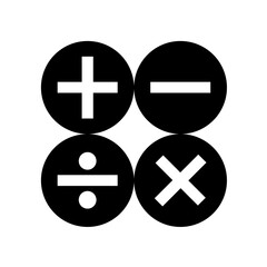 Simple black and white illustration of common mathematical symbols in circles.