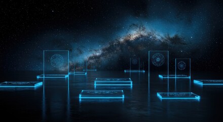 Celestial Reflections: An Array of Illuminated Glass Structures Beneath a Starry Sky
