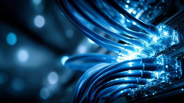 A network switch with glowing blue data cables in an internet server room