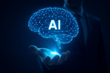Glowing brain with ai letters held by hand in business attire showing futuristic artificial intelligence network technology and digital innovation in modern computing
