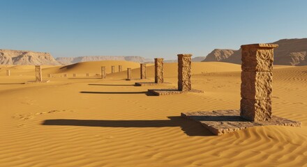 Serene desert vista with ancient stone pillars under a boundless sky and undulating dunes