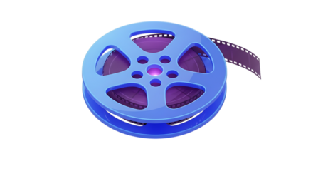 A blue film reel with a strip of film isolated on transparent background