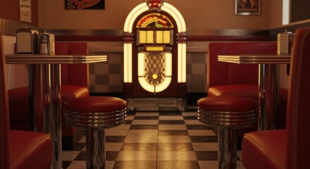 Nostalgic vibes capturing the interior of a vintage diner with jukebox and booth seating