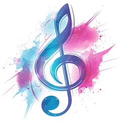 Vibrant treble clef surrounded by abstract watercolor splashes