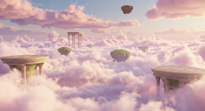 Serene dreamscape a surreal vista of floating islands amidst a sea of cotton candy clouds - Powered by Adobe