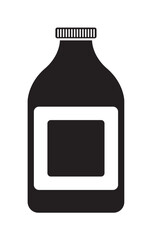 A simple black silhouette of a bottle with a blank label, suggesting packaging or a product.