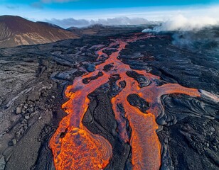 Naklejka premium aerial view of the texture of a solidifying lava field