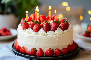 Cream Cake Adorned With Strawberries and Burning Candles on a Black Plate