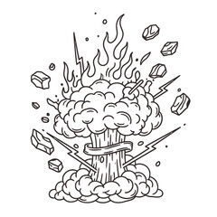 Dynamic explosion illustration with flames lightning debris and a central banner for text