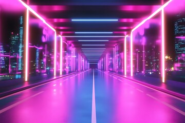 Cyberpunk Tunnel with Neon Glow, Cityscape View, Scifi Style, Pink and Blue Futuristic