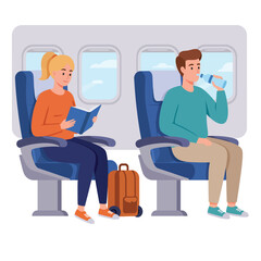  Airplane Passengers Reading and Using Laptop Flat Vector Illustration