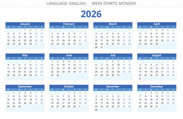 2026 year english calendar. Vector. Week starts monday