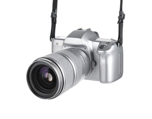 Silver DSLR camera with strap