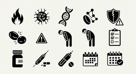Autoimmune Disorders Diagnostics and Treatments Line Icon Set – Inflammation, Genetics, Immune Errors, Fatigue, Therapy, Symptom Tracking Vector Illustration


