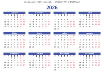 PORTUGUESE calendar for 2026 year. Printable vector illustration Portugal