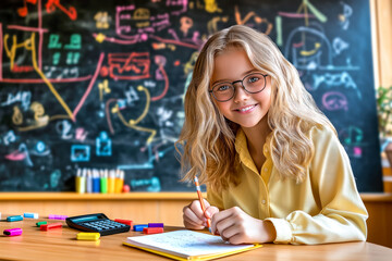 Gifted Caucasian schoolgirl in glasses studying math during school holidays. Colorful markers and chalkboard diagrams. Concept of extracurricular learning for talented students. Banner. Copy space