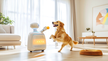AI robot interacts, playing with happy golden retriever dog in bright modern living room. Concept of smart home automation, domestic pet care, entertainment and artificial intelligence in daily life