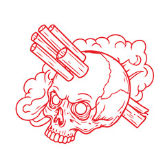 Intense red line art skull impaled by wooden stakes, exuding a powerful, raw aesthetic