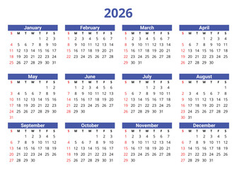 2026 year english vector calendar 12 months (week start sunday)