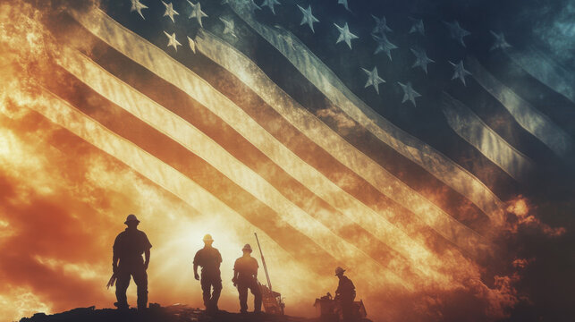 Silhouetted figures stand before a large american flag with sunset hues in the background sky