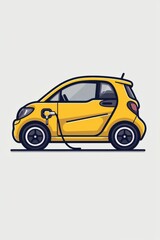 Fototapeta premium Yellow electric car with charging plug on minimal background