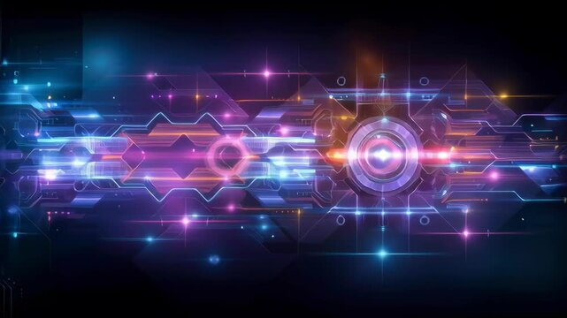 A futuristic abstract technology background with neon lights and glowing circuit lines