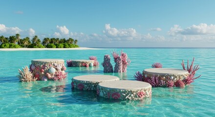 Coastal showcase: serene platforms for product presentation near tropical paradise