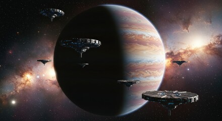 Futuristic planetary system featuring orbital platforms amidst vibrant nebulae beyond space