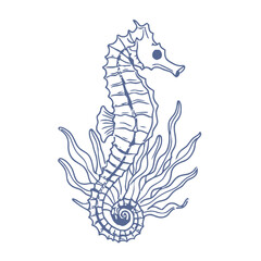 Elegant blue seahorse illustration gracefully swimming among seaweed, perfect for ocean themes.