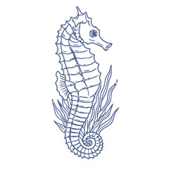Elegant seahorse gracefully swims through wavy ocean flora, a charming sea creature illustration